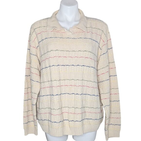 VTG Cream Textured Knit Pastel Stripe Collared Sweater - Picture 1 of 6